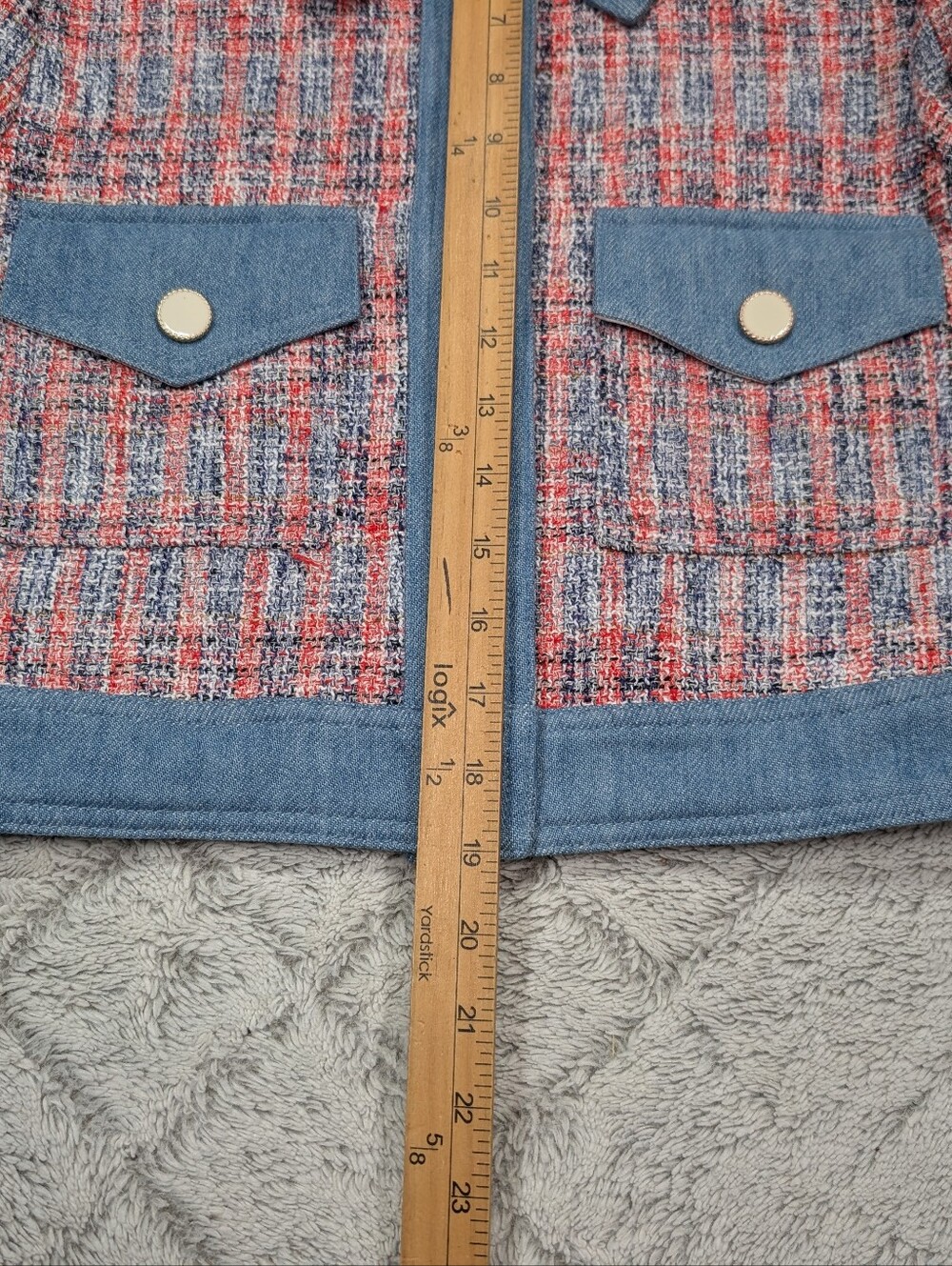 House of Harlow 1960 Jacket Womens XS Blue Red Denim Tweed Crop Preppy Retro - Picture 6 of 8